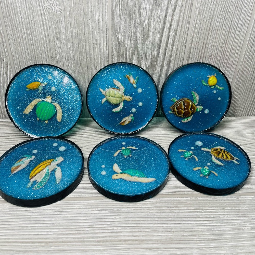 6 epoxy hand made 3d turtle drink coasters w/ glitter nautical sea life coasters